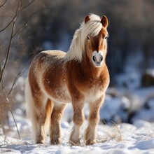A Red Haflinger Horse With A White Mane Runs Across A Snowy Field, Dynamic And Picturesque In Movement And Freedom In The Winter Landscape. Concept: Equestrian Sport