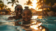 Happy smiling black african american mother and daughter swimming on summer vacation holiday 