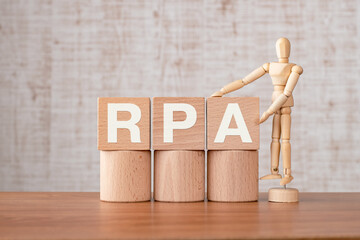 Poster - There is wood cube with the word RPA. It is an abbreviation for Robotic Process Automation as eye-catching image.