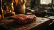 A raw steak rests on a wooden cutting board in a cozy, rustic kitchen setting.