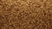 Timber Tiles Arranged To Create A Diamond Shaped Wall. Wood, Natural Background Formed From 3D Blocks. 3D Render
