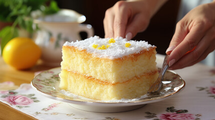 Wall Mural - woman hands demonstrates angel food cake