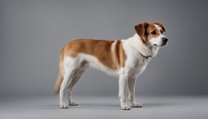 Wall Mural - Studio shot of a beautiful mixed breed dog standing on grey background.