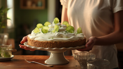 Wall Mural - a woman holding a key lime cake