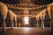 Indoor Barn Wedding With String Lighting To Celebrate Marriage In A Rustic Setting. Generative AI