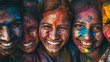 copy space, stockphoto,high detailed photo, Group of smiling indian people portrait, colored smiling indian faces with vibrant colors during the celebration of the holi festival in India. Multi-color.