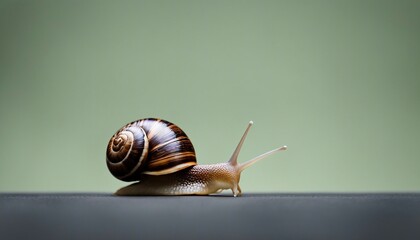 Snail crawling on the table. Isolated on green background.