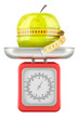© alexlmx - Apple with measure tape around on the kitchen scale. Dieting and weight loss concept. 3D rendering isolated on transparent background