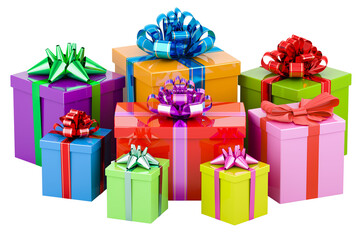 Poster - colored gift boxes with bows and ribbons, 3d rendering isolated on transparent background