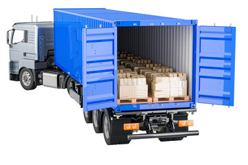Poster - Semi-Trailer Cargo Truck with  cardboard boxes. Freight transportation, delivery concept. 3D rendering isolated on transparent background