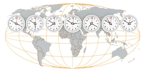 Naklejka na meble World Time zone concept, Timezone wall clocks. 3D rendering isolated on transparent background