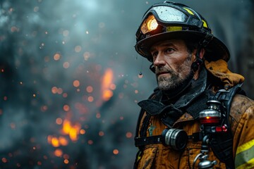 Wall Mural - Portrait of a tired firefighter with soot stains on his face and helmet, a deep gaze reflects courage and readiness for action
