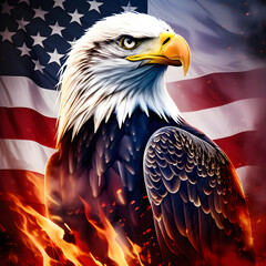 Wall Mural - Bald eagle with USA flag on fire on the background