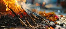 Joss Paper Sticks Burn To Ashes During Chinese Ghost Festival.
