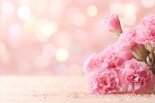 Pink Carnation On Isolated Background With Magical Bokeh Effect, Two Thirds Copy Space On Left Side