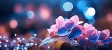Blue Hydrangea Flower With Magical Bokeh Background And Copy Space For Text Placement