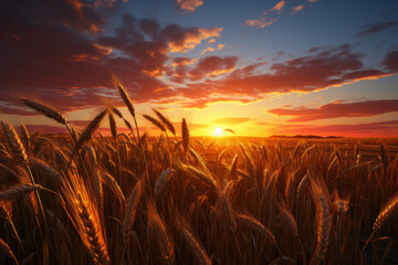 Wall Mural - A symphony of colors as the sun sets over a field of rye, casting warm hues on the ripening grains. Concept of nature's canvas in agricultural landscapes. Generative Ai.