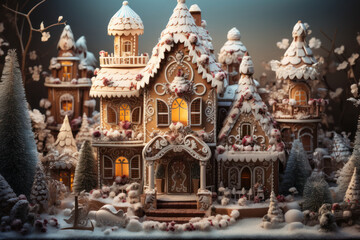 Canvas Print - An intricate gingerbread house, a labor of love adorned with sweet decorations, capturing the whimsy and creativity of holiday baking. Generative Ai.