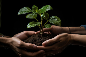 A pair of hands gently cradling a growing plant, representing the nurturing care and responsibility associated with environmental stewardship. Concept of sustainability. Generative Ai.