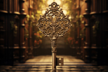 Poster - An ornate key unlocking a mysterious door, alluding to the endless possibilities that come with curiosity and the pursuit of knowledge. Concept of discovery. Generative Ai.