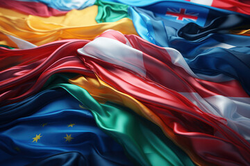 Poster - an assortment of international flags fluttering in the wind, representing the diversity and intercon