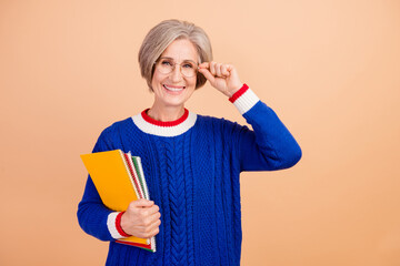 Sticker - Photo of charming cheerful lady wear blue trendy clothes working as office manager isolated on beige color background