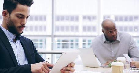 Aufkleber - Happy businessman, tablet and meeting in research, finance or marketing agency at office. Portrait of man or employee smile working on technology with team in communication or networking at workplace