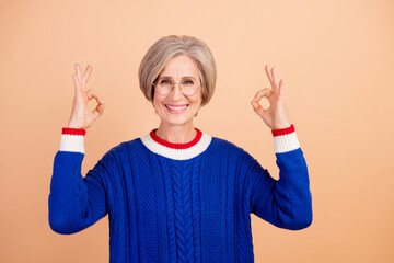 Poster - Portrait of satisfied retired lady wear blue jumper in eyewear two hands showing okey approve good job isolated on pastel color background