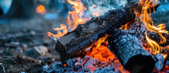 Canvas Print - Smoke rises from logs and fire burns in a long exposure of flames at an evening campfire in an outdoor park.