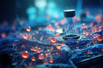 Poster - A microscope capturing the microscopic world of chromosomes, highlighting the complexity of human genetic material. Generative Ai.