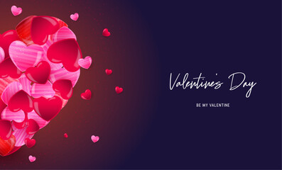 Wall Mural - Happy Valentines Day card. Modern design with 3d hearts, 
shining lights and black background. Valentine's day concept for celebration, ads, branding, banner, cover template, label, poster, sales.