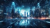 Fototapeta Miasto - Modern City Showed in Particles Hologram Cyberpunk Style