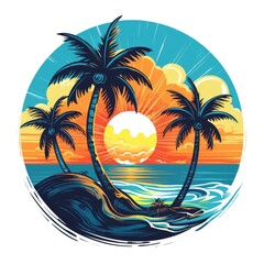 Wall Mural - Tropical paradise palm trees and sun logo concept poster for the holidays and vacation Summer paradise