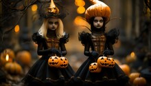 Generative AI Image Of Two Little Girls In Halloween Costumes Hold Pumpkins In The Autumn