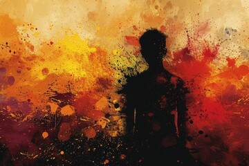 Wall Mural - A man's silhouette stands against a vibrant backdrop, his figure ablaze in an abstract painting suitable for a book cover.