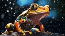 Generative AI Image Of Yellow Frog In The Rain On A Rock