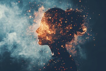a woman stands before a cloud of smoke, her face appearing as if made of black flames and melting in