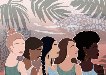 Wall Mural - Women of different ethnic groups together. Watercolor background with palm leaves. Modern flat illustration.
