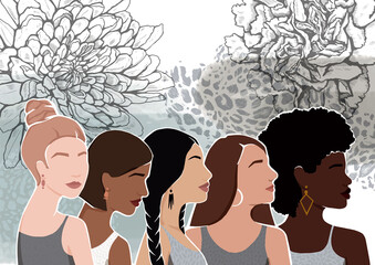 Wall Mural - Women of different ethnic groups together. Watercolor background with flowers. Modern flat illustration.