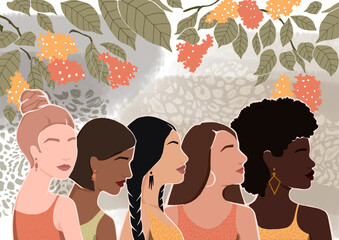 Wall Mural - Women of different ethnic groups together. Modern flat vector illustration with flowers.
