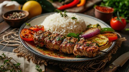 Wall Mural - Grilled Turkish Adana, Urfa Kebab with grilled vegetables, onion and rice on plate. Adana durum.