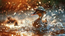 A Duck Wearing A Sage Green Hat While Dancing In The Rain  
