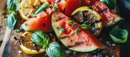 Sticker - Grilled summer dessert featuring watermelon, lemon, and basil.