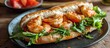 Delightful homemade shrimp sandwich on baguette with lettuce, tomato, and zesty sauce.