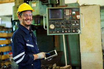 Technician in safety and helmet suit controlling a machine in factory.