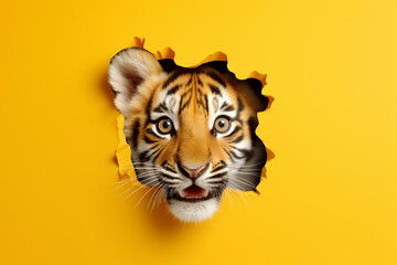 Wall Mural - cute tiger peeking out of hole in the wall, torn hole, empty copy space frame, yellow background