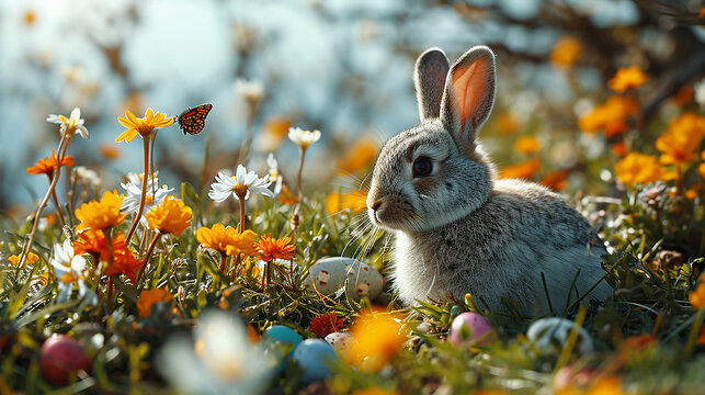 Süsser Osterhase sitzt auf einer Frühlingswiese mit Schmetterlingen und Marienkäfer. Bunte Ostereier liegen versteckt im Gras. 