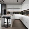 A modern sleek kitchen with glossy surfaces, minimalistic fixtures, and a monochromatic color scheme1