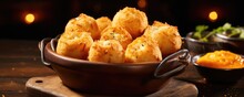 A Tempting Shot Capturing Cheese Puffs Served In A Rustic Wooden Bowl, Their Sizzling Warmth Still Visible As They Beckon With Their Irresistible Cheesy Aroma, Promising To Melt In Your