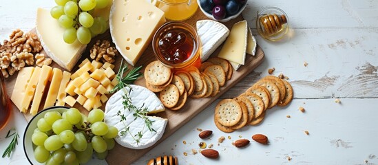 Sticker - Cheese platter with assorted cheeses, fruits, honey, crackers, and nuts on white table. Overhead view. Empty area.